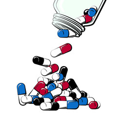 Pills spilled from bottle vector illustration. Pile of capsule pills concept in color.