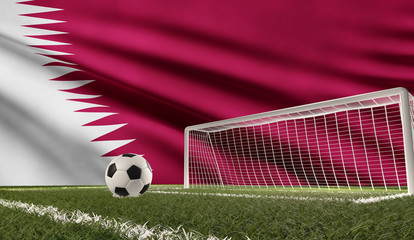 flag of Qatar and soccer football ball with soccer goal 3d-illustration