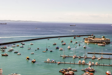  São Marcelo Fort in Salvador in Bahia Brazil with boats under the sea