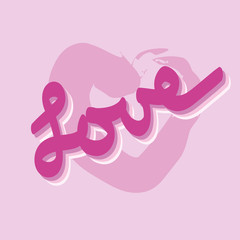 Love word  text on simple pink heart on pastel background. Happy valentines day greeting card. Love concept. Modern Hand drawn vector illustration