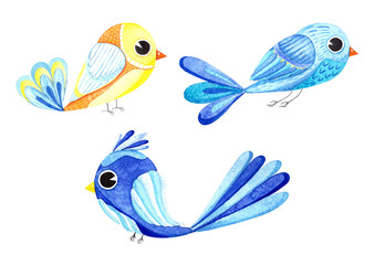 Watercolor colored birds, watercolor painting, bright colors, single elements. Watercolor illustration in Scandinavian style for t-shirts, fabrics, stickers, packaging paper