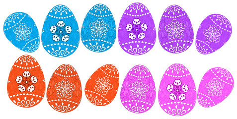 A dozen separate cut out illustrations of beautiful traditionally decorated batik dyed Easter eggs in blue, orange, violet purple, and pink isolated on white.
