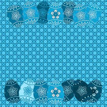 Pretty traditionally decorated batik dyed Easter eggs on patterned block color background in robins egg blue with other hues and shades of blue. Series with matching seamless background.