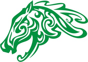 Green horse head concept. Stylization of horse head in the form of oak leaf. Green on White