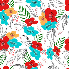Seamless floral pattern on a white background, in trendy colors. Cute floral pattern, printing on textiles. Interior decoration. Printing on t-shirts and fabrics.Vector