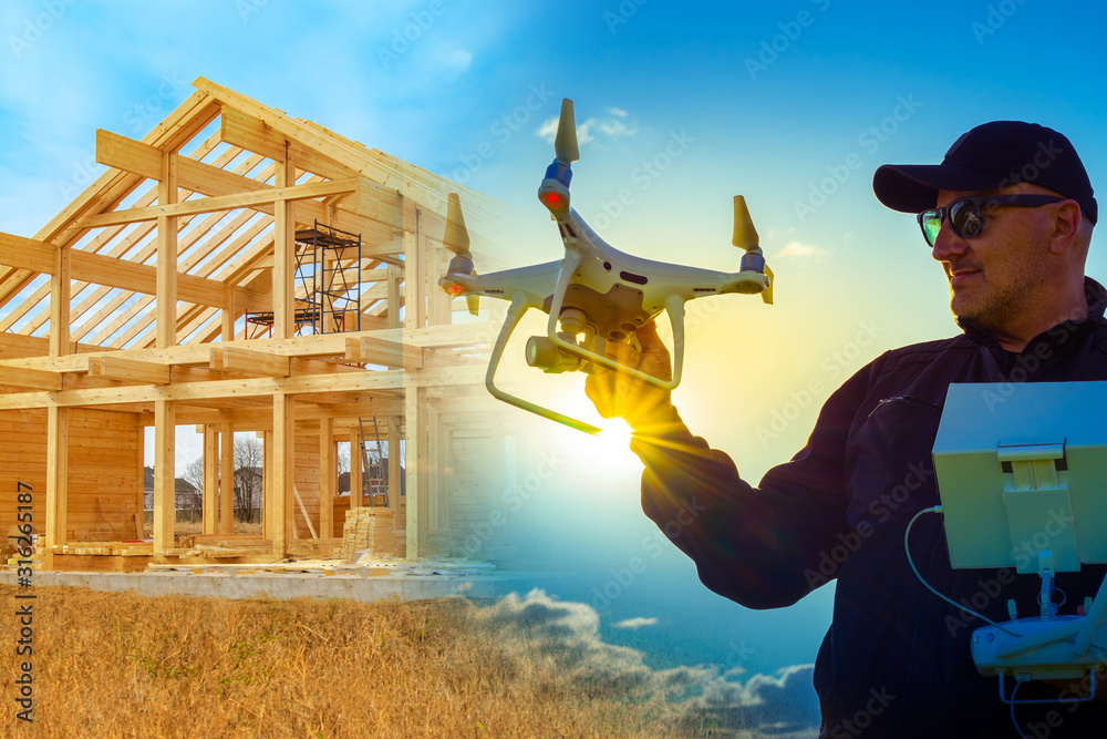 Poster monitoring the construction process is carried out using a drone with a camera. modern methods of co