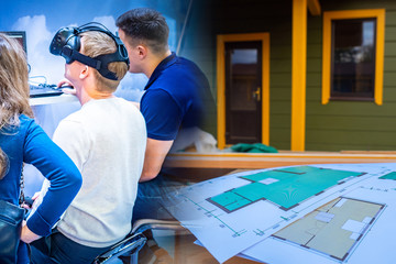 Demonstration 3D to the customer of the future home. Visualization of the construction of the future cottage. New technologies in the sale of real estate. the house with vertical glasses.