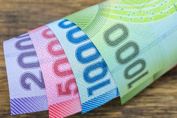 Rolled Chilean banknotes, a country from South America