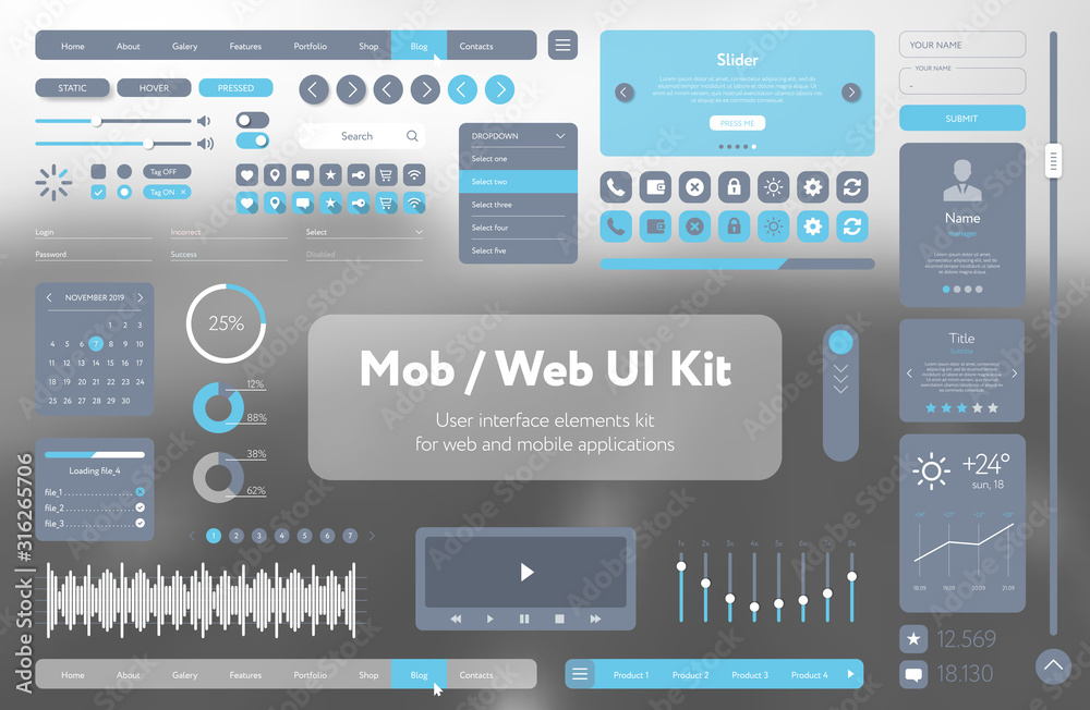 Fototapete flat mobile web ui kit. universal user interface for designing responsive websites, mobile apps. gra