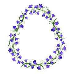 Wreath of wild field bells. Frame in the form of an egg with a beautiful pattern of flowers bluebells. Easter spring pattern. Template for postcard.