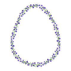Wreath of wild field bells. Frame in the form of an egg with a beautiful pattern of flowers bluebells. Easter spring pattern. Template for postcard.