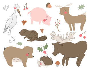 A set of hand drawn cute woodland animals. Deer, stark, pig, hedgehog, bird, mushroom, acorn, bear. Vector collection perfect for childish decoration clothes, patterns, stickers, cards