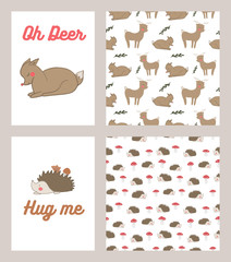Fototapeta na wymiar Seamless pattern with hand drawn characters animals: deer, hedgehog. Creative childish background. Perfect for kids apparel, fabric, textile, nursery decoration,wrapping paper. Vector Illustration