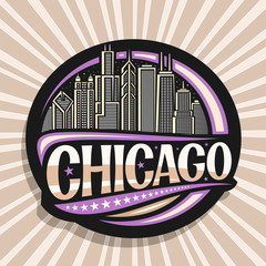 Obraz premium Vector logo for Chicago, dark decorative round badge with draw illustration of modern twilight chicago cityscape, tourist fridge magnet with original brush typeface for word chicago and stars in a row