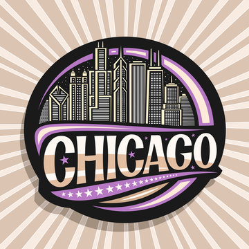 Vector logo for Chicago, dark decorative round badge with draw illustration of modern twilight chicago cityscape, tourist fridge magnet with original brush typeface for word chicago and stars in a row