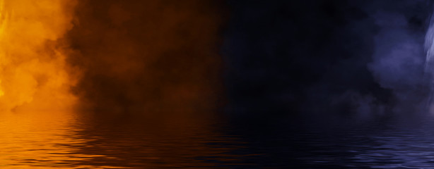 Panoramic view abstract smoke steam moves on black background texture . The concept of aromatherapy. Reflection on water. Stock illustration.