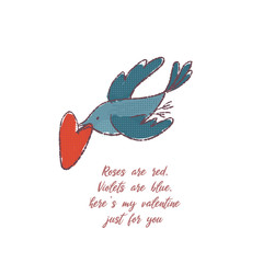 Hand drawn retro modern style illustration of bird with heart, concept of love message, greeting. Valentine s day. Halftone dot textured simple drawing.