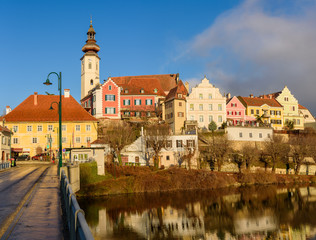 Frohnleiten church tovwer above Mur river in Styria,Austria. Famous travel destination.