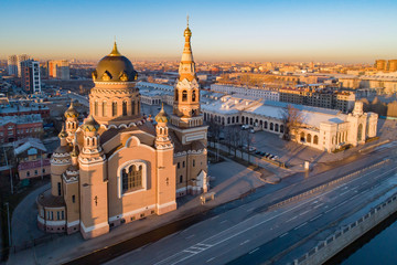 Morning in Petersburg. St. Petersburg from a height. Cities of Russia. Obvodny canal embankment. Religious building. Church on the embankment of the Obvodny canal. Church Of The Resurrection.