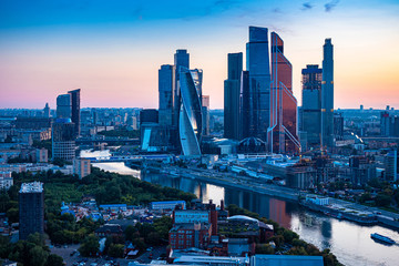 Moscow summer. Russia. Evening panorama of Moscow. Skyscrapers in the center of the Russian capital. Modern architecture. High-rise buildings on the banks of the Moscow river.