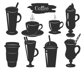Glasses and cups for coffee set