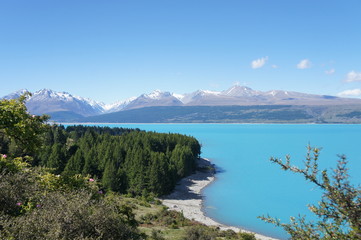 Fototapeta premium New Zealand Turquoise Color Lake and Snow Mountains