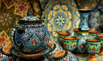 Ethnic Uzbek ceramic tableware with traditional uzbekistan ornament. - 316268756