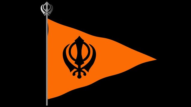 Orange Sikh flag with the image of black Khanda - the main symbol of Sikhism, transparent background, video, alpha channel, 4K