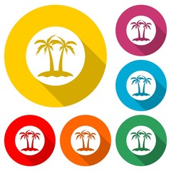 Palm trees on island icon in flat style with long shadow