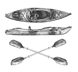 Kayak with crossed paddles or oars - obrazy, fototapety, plakaty