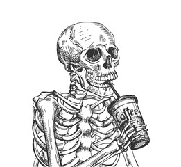 Skeleton drinking coffee from cup