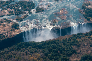 Victoria Falls Aerial View, Big Zambezi River Waterfall, between Zimbabwe and Zambia, Africa, a World Famous Tourist Attraction