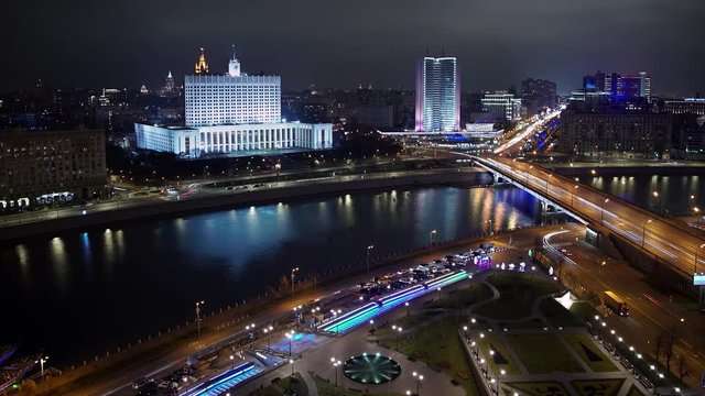 Gimbal timelapse of House of the Government of the Russian Federation in Moscow in night autumn day. Night timelapse of night top shot of House of the Government