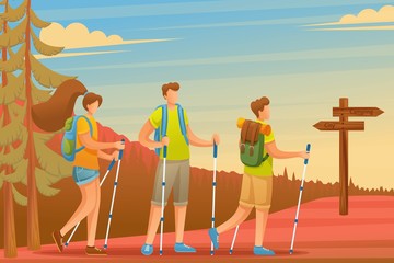 Young people actively spend holidays, Nordic walking in the woods. Flat 2D character. Concept for web design