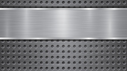 Background in gray colors, consisting of a metallic perforated surface with holes and a polished plate with metal texture, glares and shiny edges