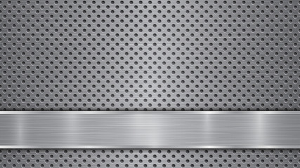 Background in gray colors, consisting of a metallic perforated surface with holes and a polished plate with metal texture, glares and shiny edges - obrazy, fototapety, plakaty