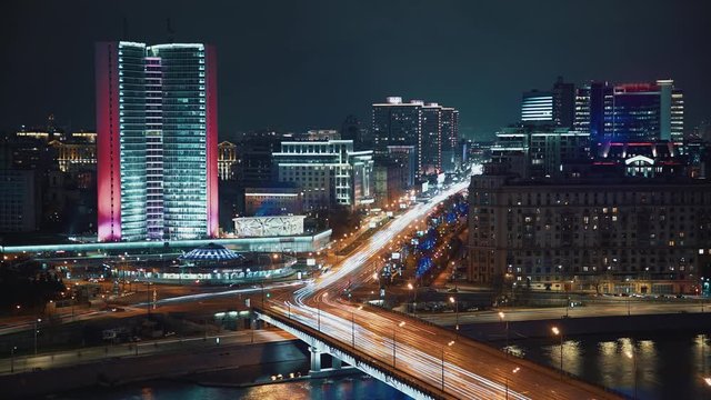 Gimbal timelapse shot of new arbat in Moscow center illuminated in night autumn day. Top view shot of timelapse of Moscow center Arbat with car trafiic