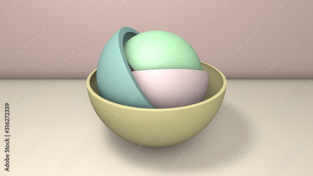 Poster 3d illustration of a few hemispheres, the halves of the balls. segments are arranged randomly, rando