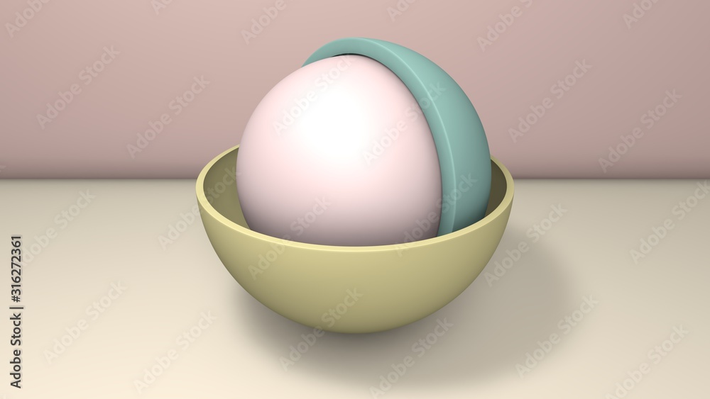 Poster 3d illustration of a few hemispheres, the halves of the balls. segments are arranged randomly, rando