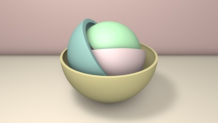 3D illustration of a few hemispheres, the halves of the balls. Segments are arranged randomly, randomly in different positions and sizes. 3D rendering, abstract minimalistic background.