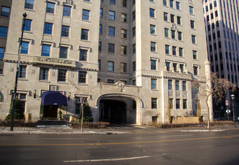 Street level view of an upscale apartment building