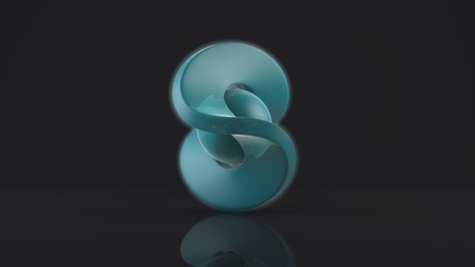 3D rendering of a blue Mobius ribbon, a symbol of infinity and perfection on a dark background and a blue ball, a sphere in the center of the ring. Abstract figure, futuristic design model. Prototype.