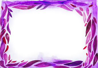 Fototapeta na wymiar Purple leaves with aquerilla on a white background in the form of a frame. Figure paints in purple colors. Big stain on paper. Texture for design