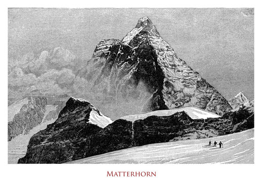 Vintage illustration of Matterhorn or Cervino between Switzerland and Italy, isolated mountain with a steep pyramidal shape, one of the highest peak of the Alps