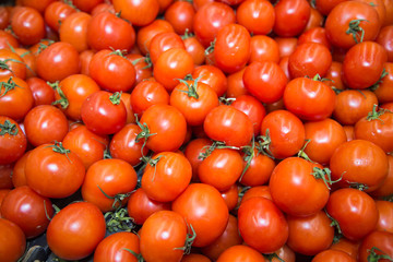 Red Baku tomatoes with green cuttings. Vegetables, fruits, useful products.