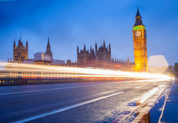 Fototapeta na wymiar London city scene with Big Ben landmark and car traffic lights, long exposure photo