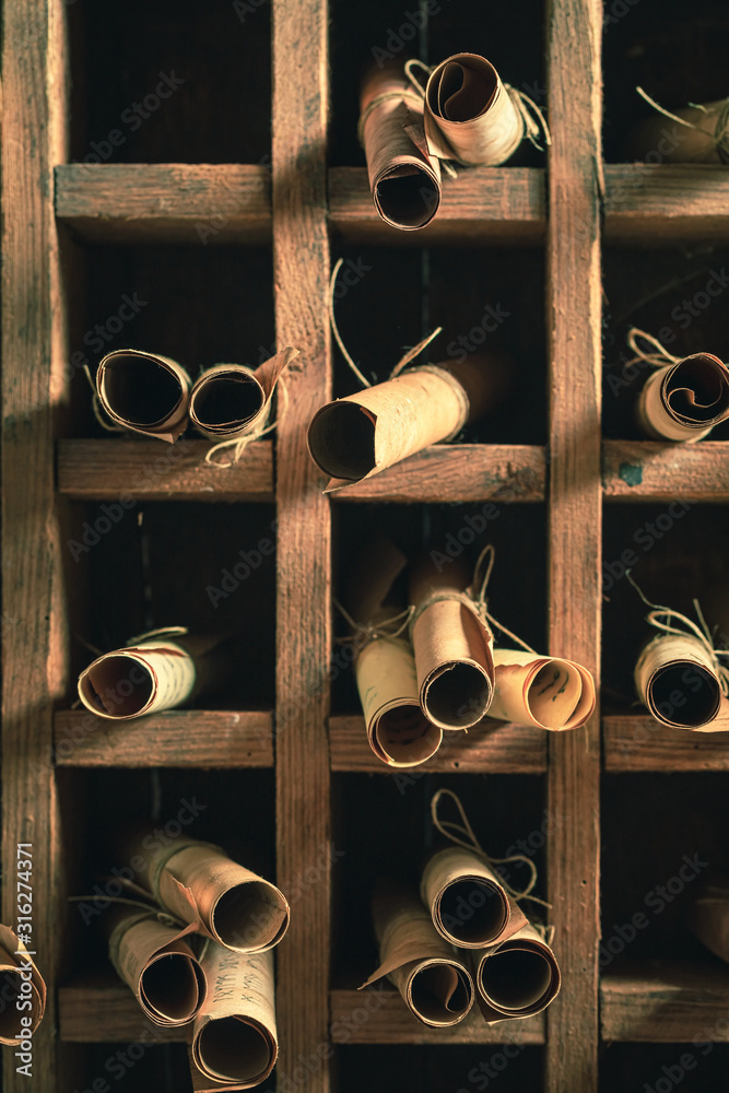 Poster Magic library with scrolls based of futhark alphabet