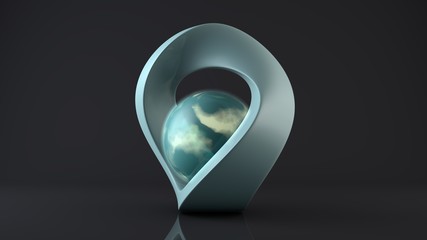 3D rendering of a blue Mobius ribbon, a symbol of infinity and perfection on a dark background and a blue ball, a sphere in the center of the ring. Abstract figure, futuristic design model. Prototype.