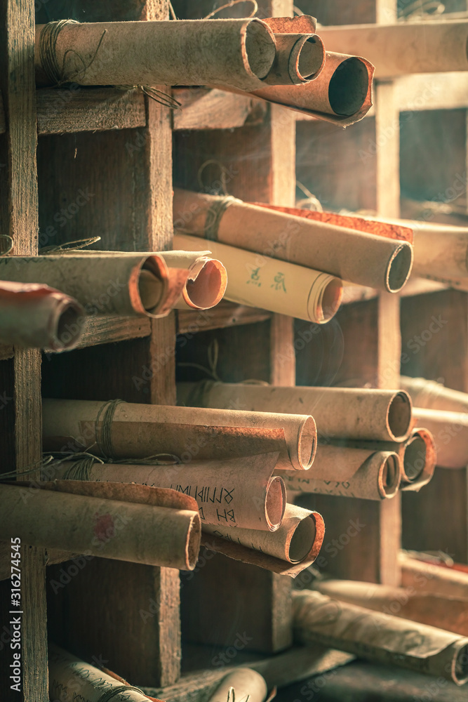 Poster extraordinary library with scrolls based of futhark alphabet