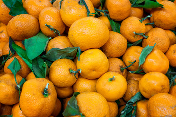 Tangerines on a store counter close-up. Tangerines on the shop counter.